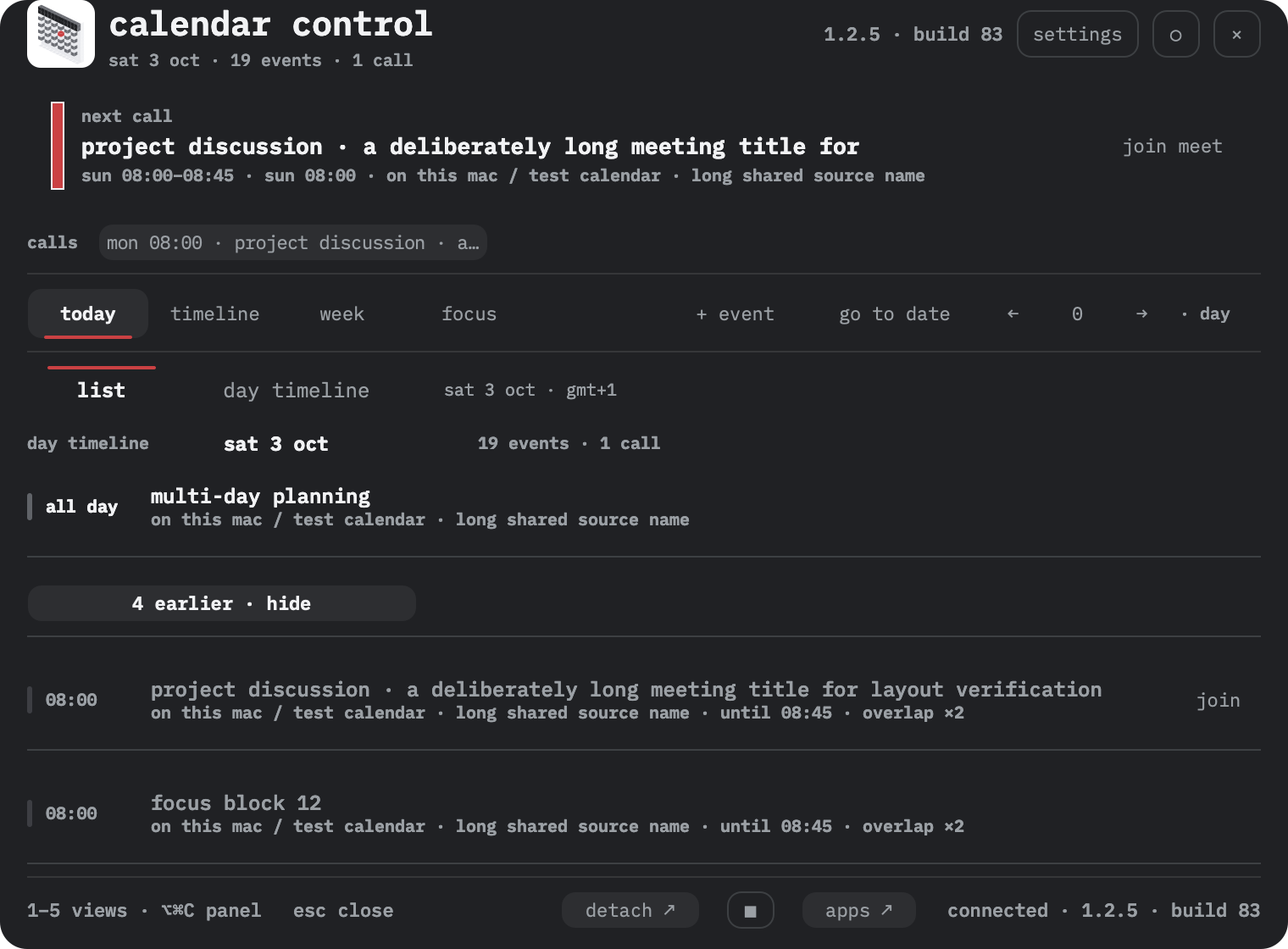 Calendar Control · native interface, synthetic data 1.2.5 · build 83 · black theme