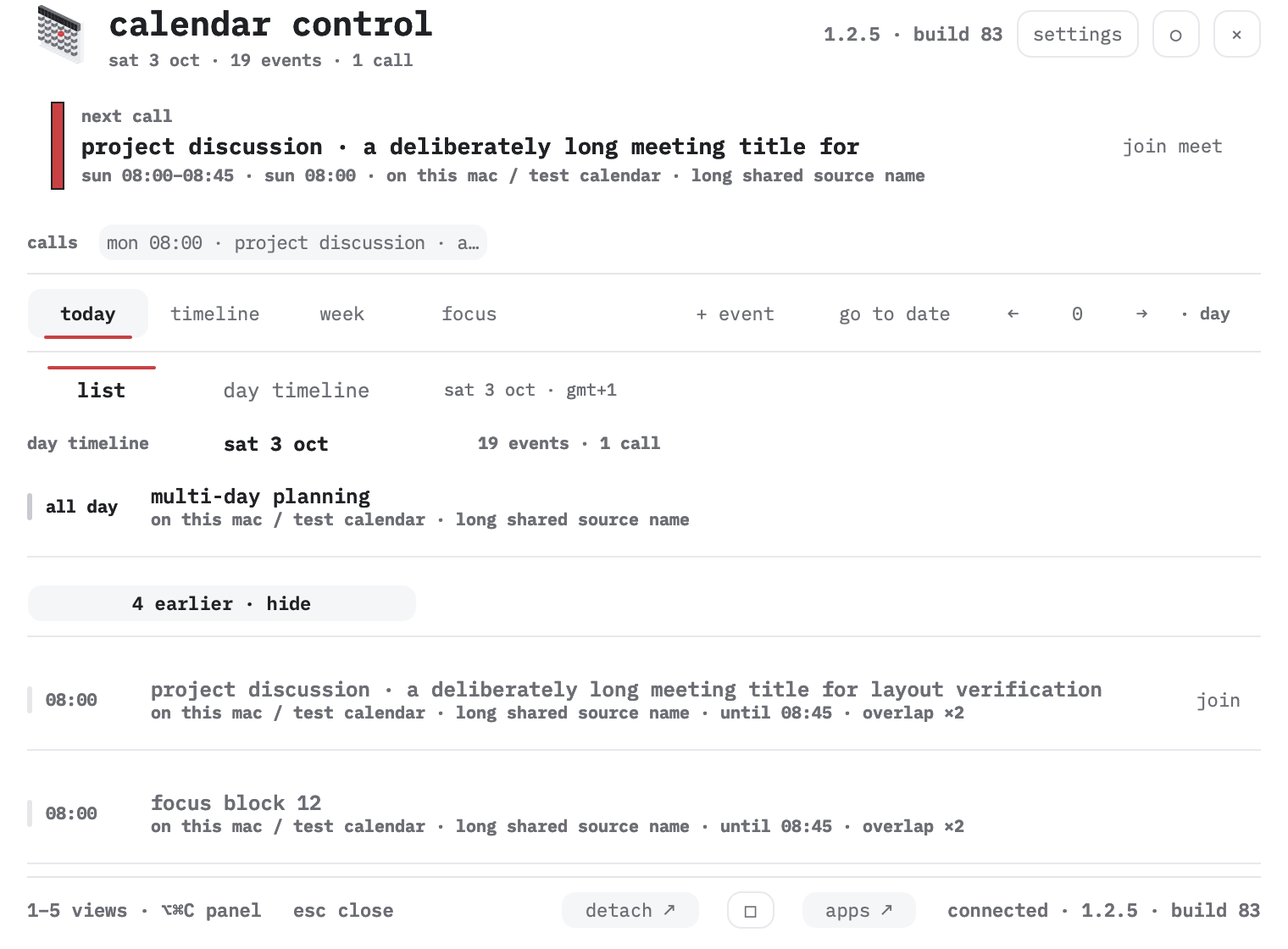 Calendar Control · native interface, synthetic data 1.2.5 · build 83