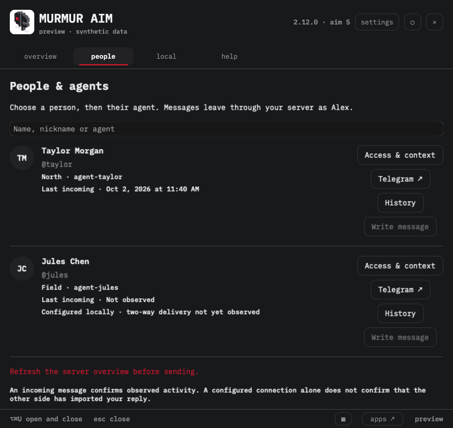 Murmur AIM · native interface, synthetic data AIM 5 · black theme