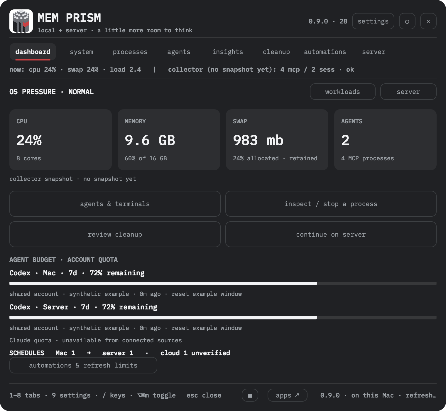 MEM PRISM · native interface, synthetic data 0.9.0 · black theme