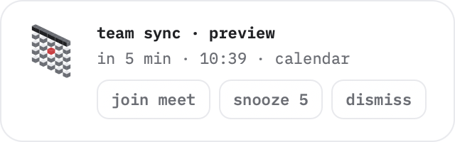 upcoming-event card: calendar character, team sync · preview, in 5 min · 10:39 · calendar, buttons join meet, snooze 5, dismiss