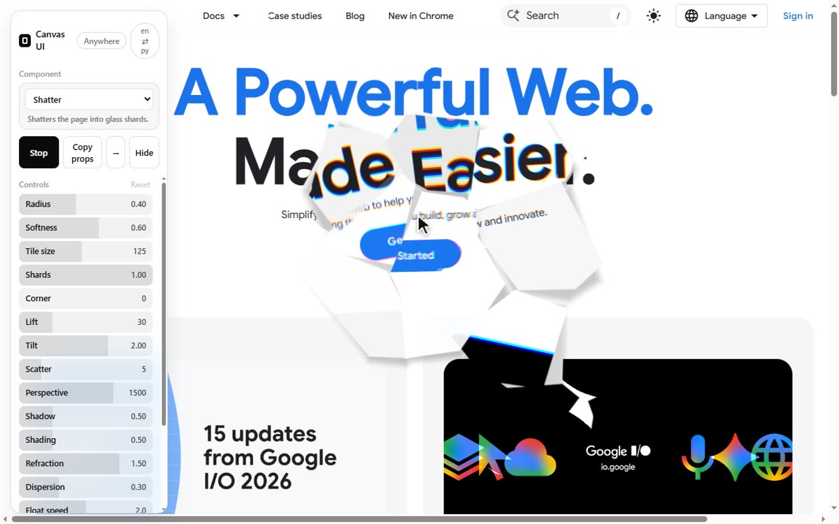 Shatter effect over developer.chrome.com with the extension panel